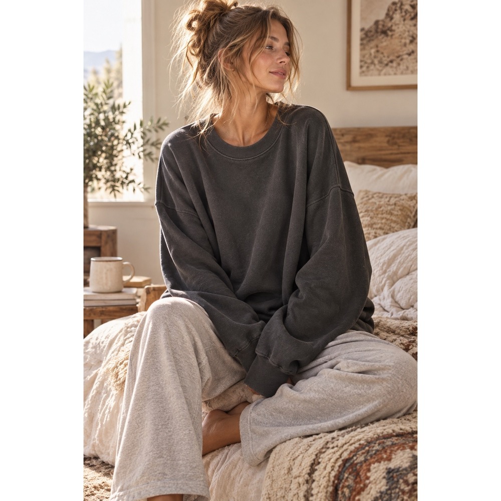 Aerie Oversized Crew Neck Sweatshirt Waffle Knit Trim Charcoal Black XL
